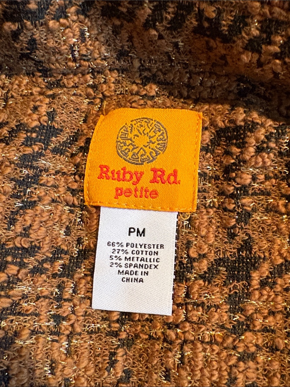 Ruby Rd. Open-Front Tweed Bouclé Jacket Rust Brown & Black Gold Thread MP - Picture 6 of 10
